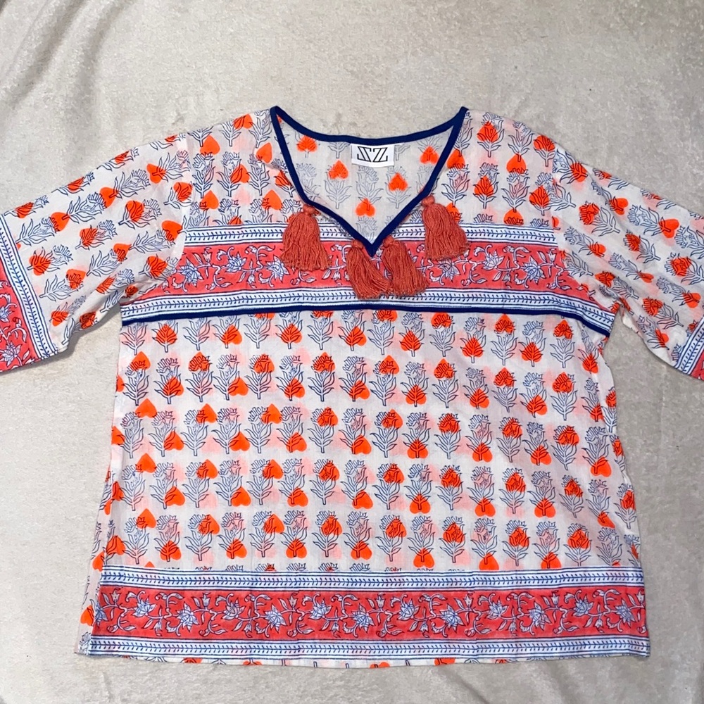 SZ cover up tunic top blue pink white 100% cotton Indian block print tassels